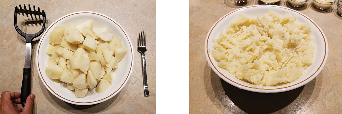 Foto sulla sinistra delle patate lesse tagliate a cubetti. Foto a destra patate schiacciate con uno schiaccia patate.