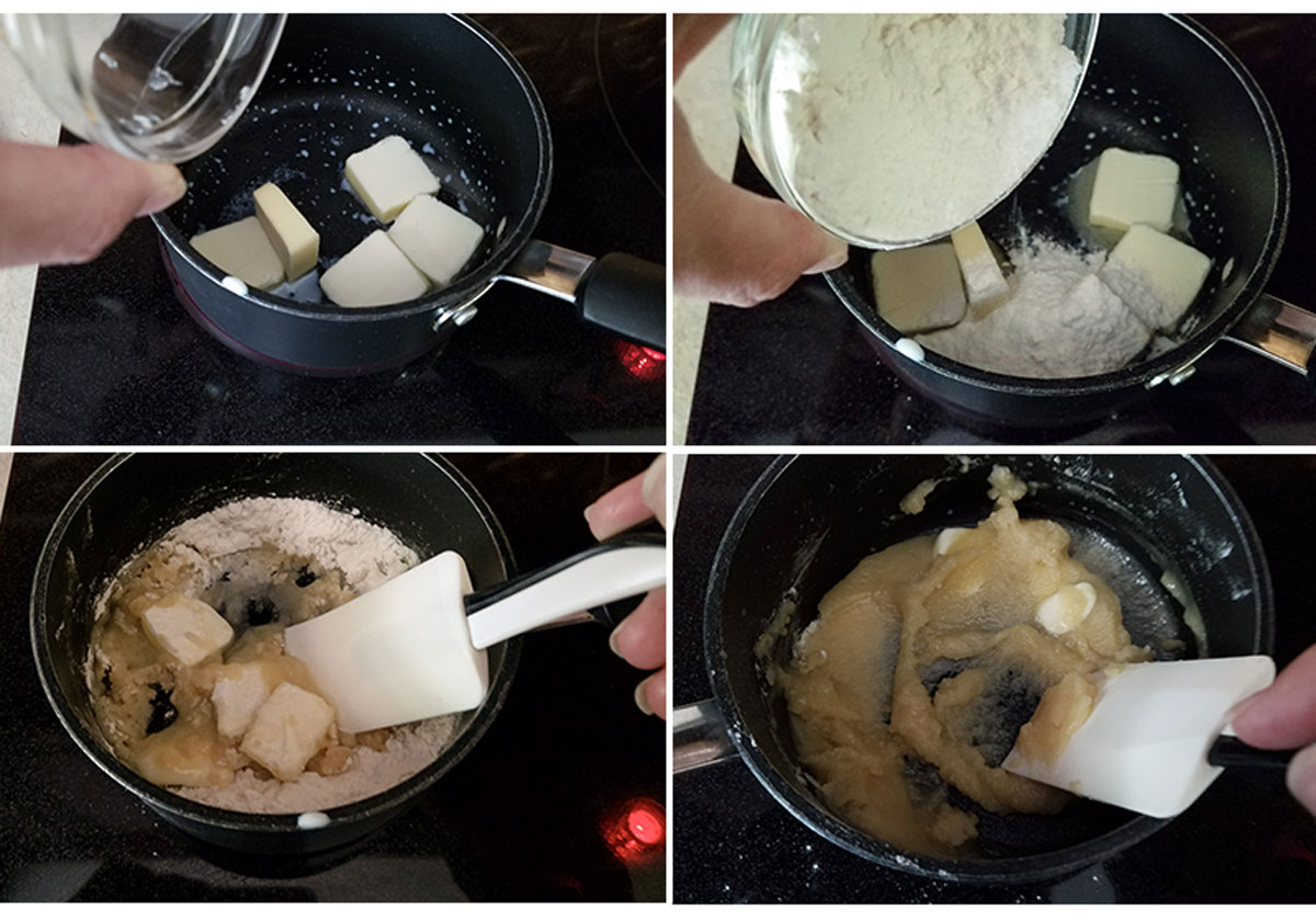 Pentolino con burro fuso e farina. Preparazione del roux per besciamella.